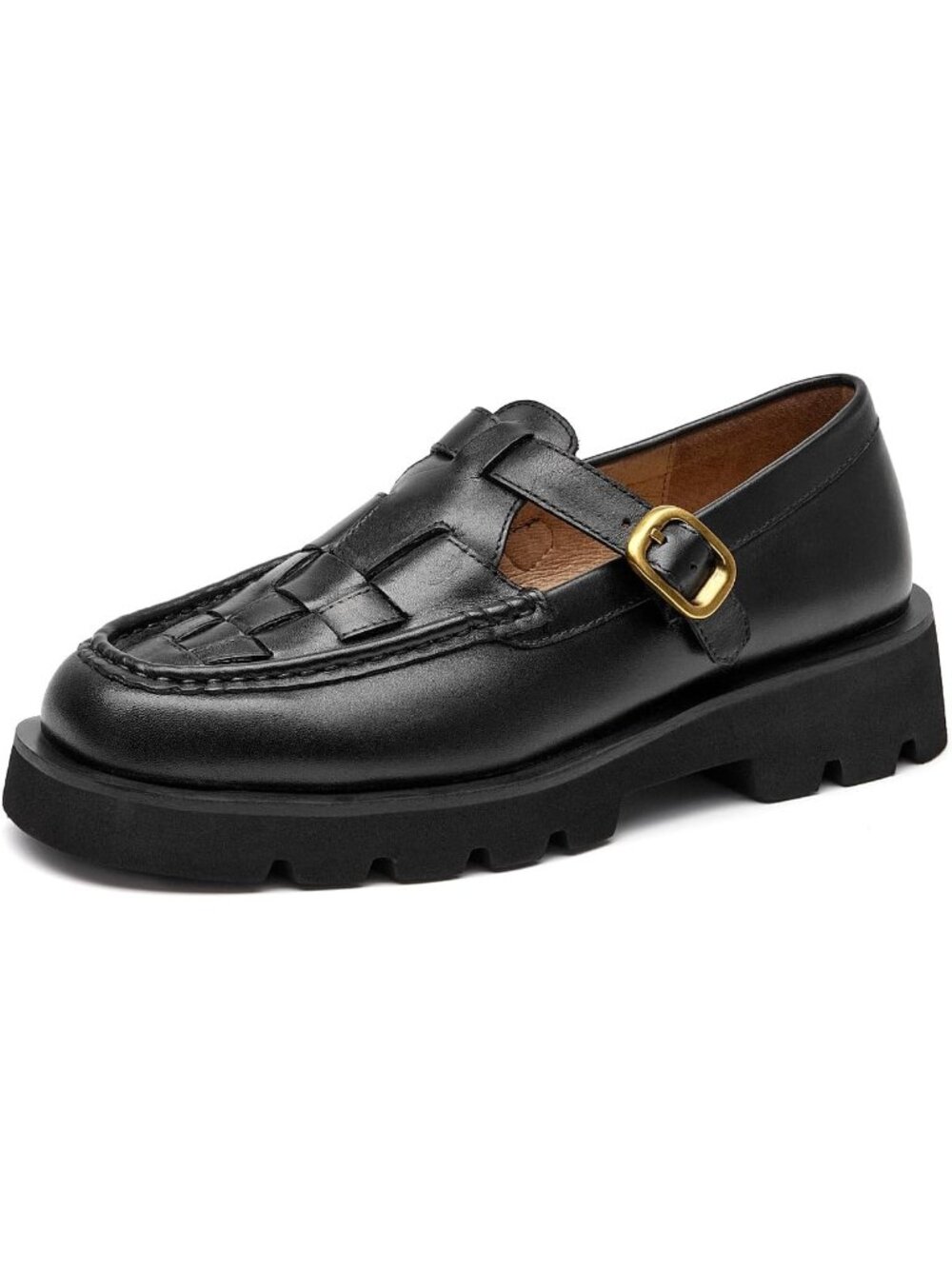 Women's Black Platform Chunky Loafers Hand Woven Leather Casual Dress Shoes